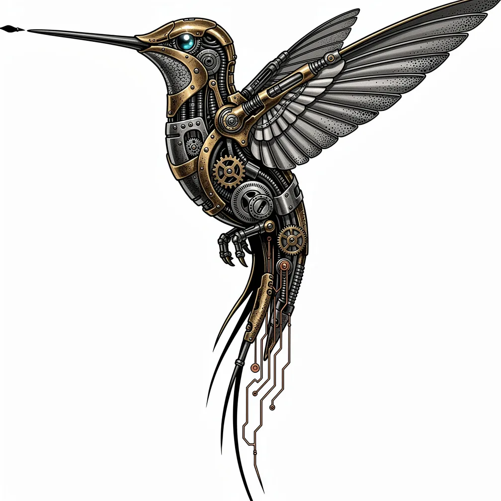 A biomechanical hummingbird hovering vertically, built from aged brass gears and iridescent enamel plates, with a fountain-pen nib beak dripping ink into copper circuit tail filaments.
