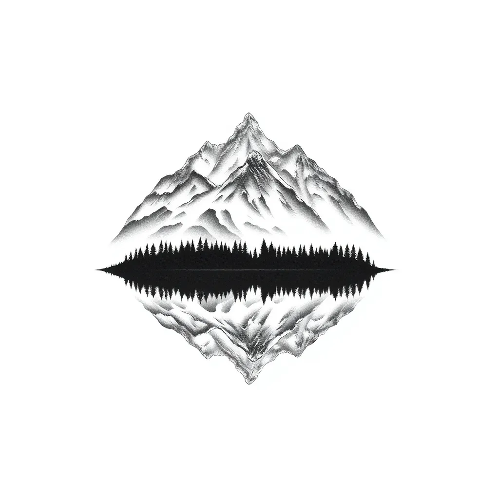 Arte lineal minimalista de una imponente cordillera reflejada a la perfección en un lago alpino en calma, enmarcada por siluetas sencillas de árboles perennes.