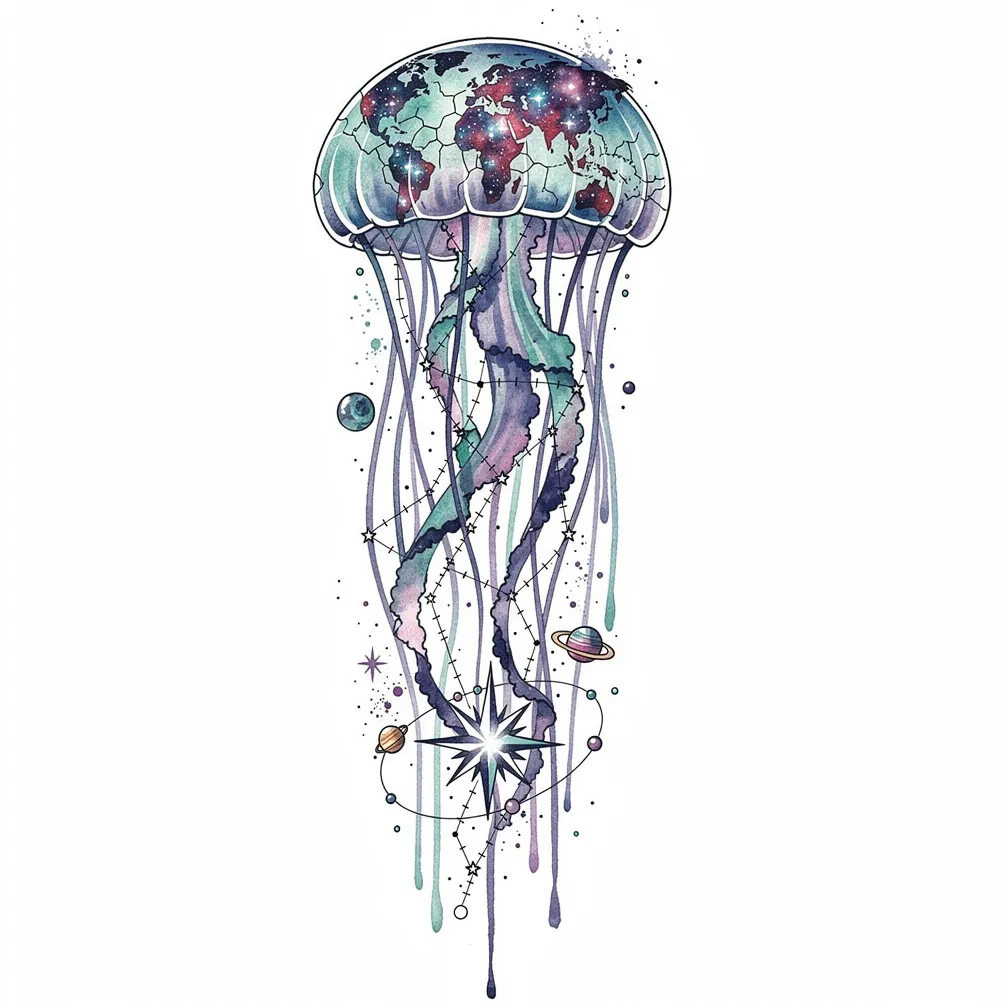 A watercolor cosmic jellyfish with a cracked antique globe bell, nebula-like continents, starlit oceans, and tentacles fading into constellation stitches with planet charms.