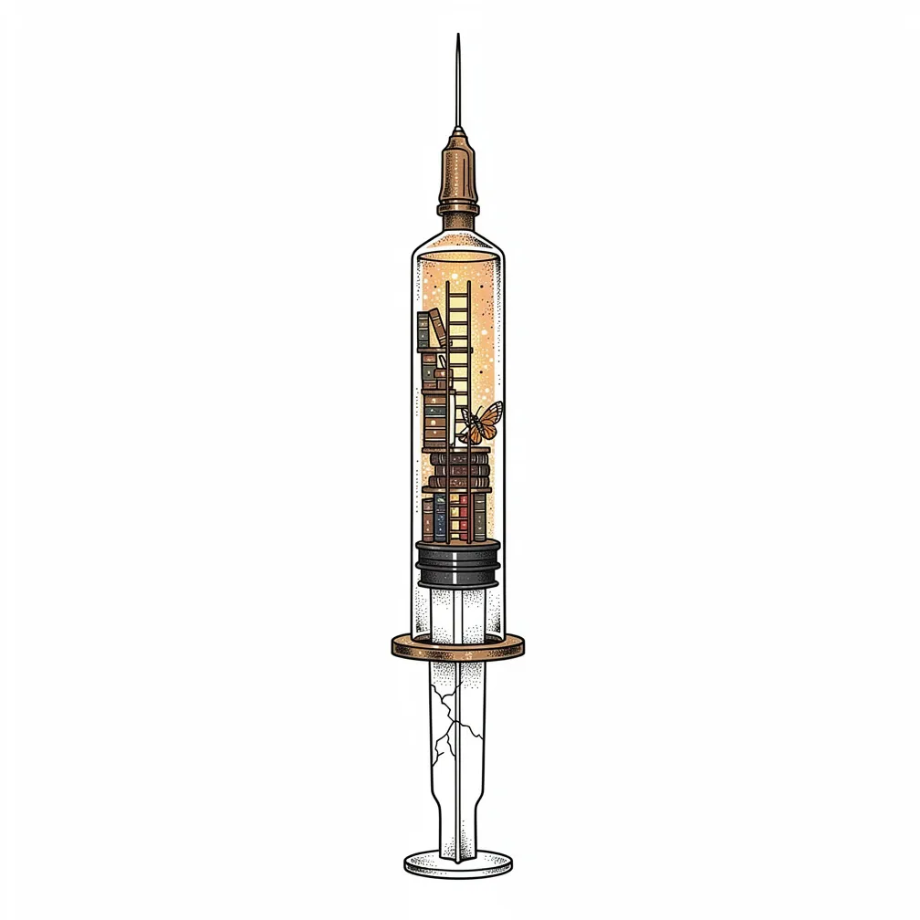 A fine-line antique glass syringe with brass fittings reveals a tiny lamp-lit stacked library inside the barrel, with a ladder and a moth librarian perched on a book spine.