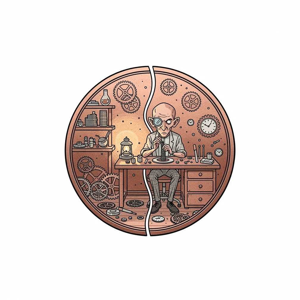 A fine-line dented coin split by a seam, revealing a tiny clockmaker workshop inside with gears, an oil lamp glow, and a gaunt watchmaker at his bench.