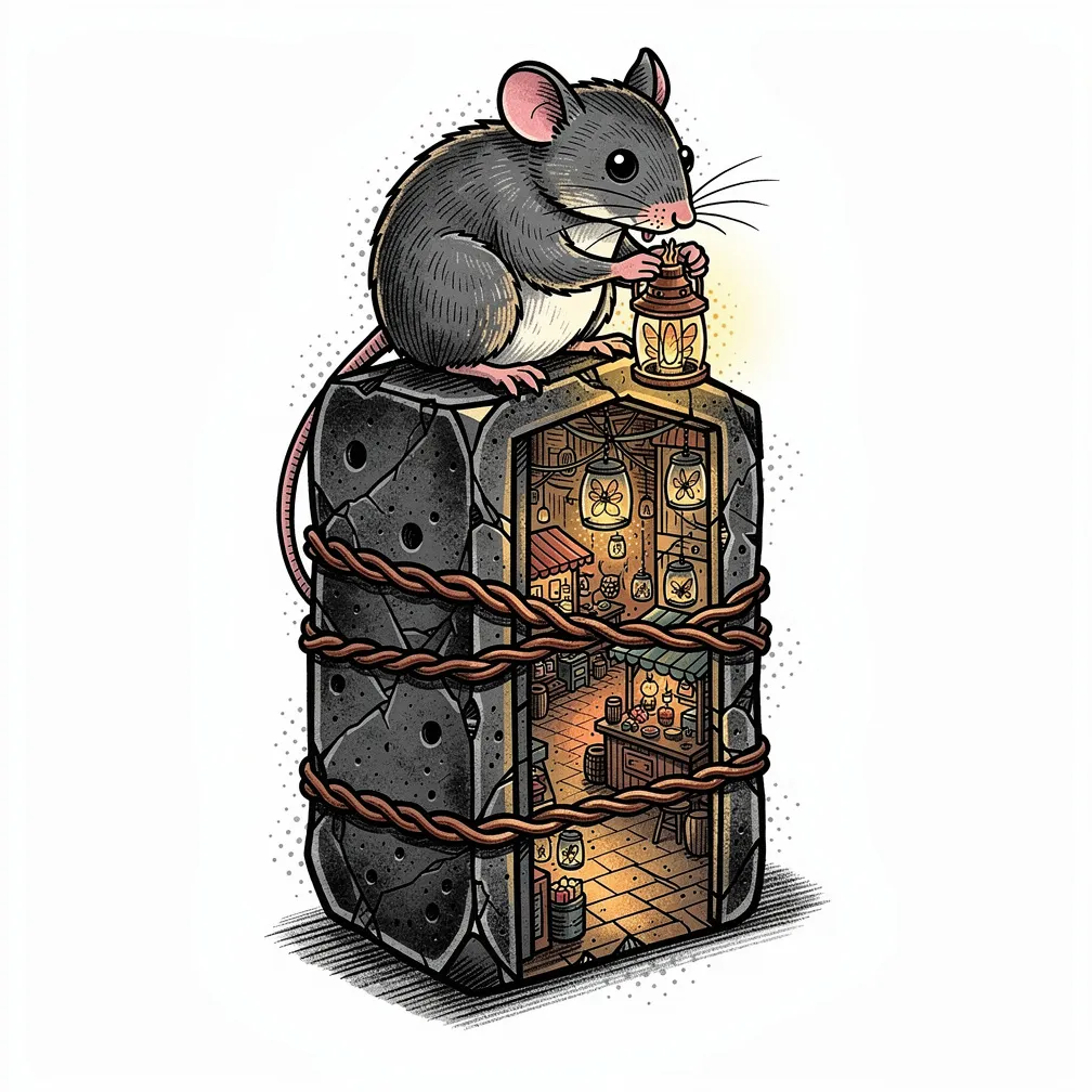 An illustrative lodestone prism wrapped in braided copper splits open to reveal a tiny lantern market with glowing firefly jars, tended by a small iron-gray mouse on the rim.