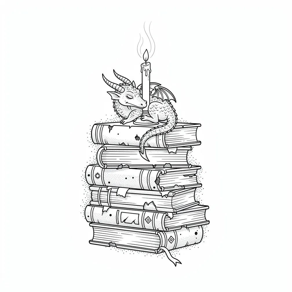 A fine-line tattoo of a stacked books with a tiny sleeping dragon curled around a candle, with wisps of smoke from its nostrils.