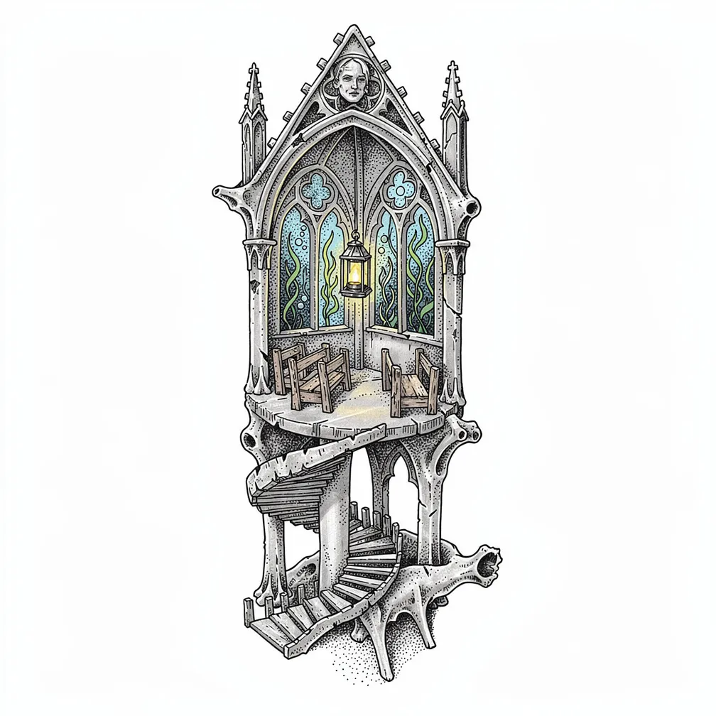 An illustrative vertical tattoo of a fossil whale vertebra hollowed into a tiny gothic cathedral with weathered bone arches, glowing bioluminescent kelp, a spiral stair, driftwood pews and a floating