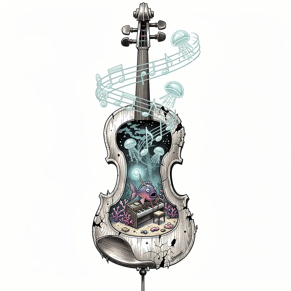 Un violín ilustrativo de madera a la deriva, con el barniz agrietado, cuya ef abre a un acuario bioluminiscente vertical con un rape abisal junto a un piano de coral y notas de medusas resplandeciendo