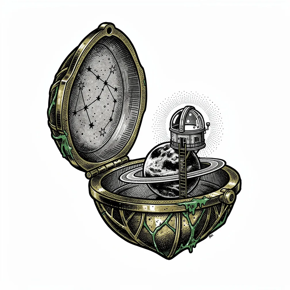 An illustrative antique seedpod-shaped locket with brass veins and green patina that opens to reveal a tiny glowing exoplanet with a narrow ring and a glass-domed observatory, plus engraved constellat