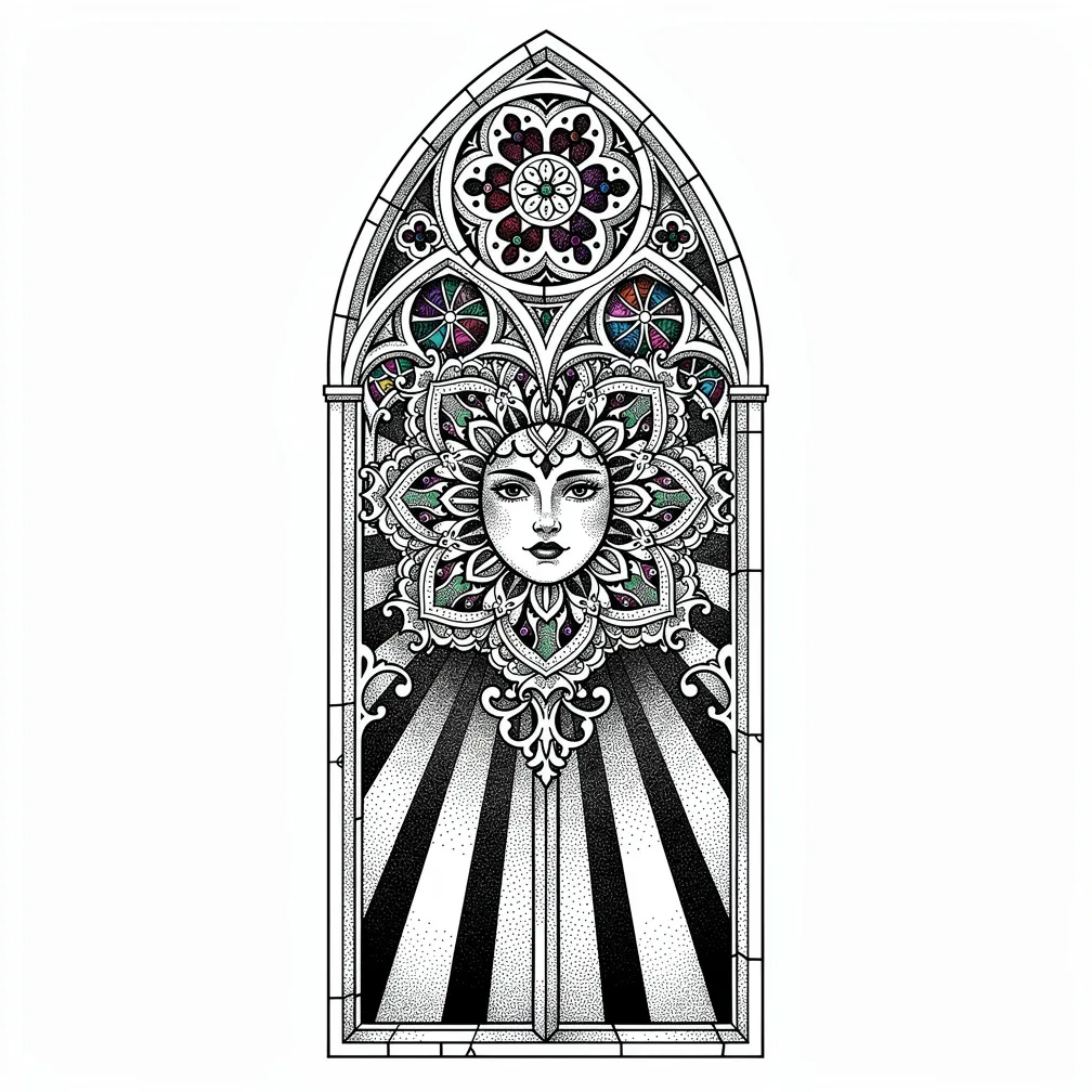 An ornamental gothic cathedral window with a rose rosette, moonlight shining through stained glass and casting colored shadow shapes.