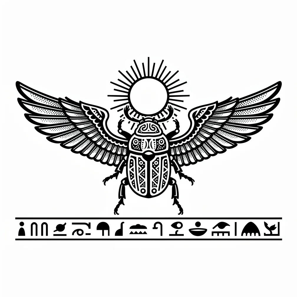 A blackwork Egyptian scarab with outstretched wings holding a sun disc, framed by a surrounding hieroglyphic border.