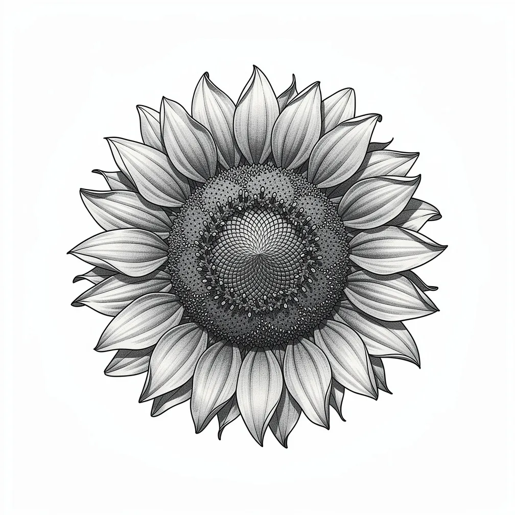 A realism sunflower turning toward the light, with meticulously detailed seeds, petals, and botanical shading.