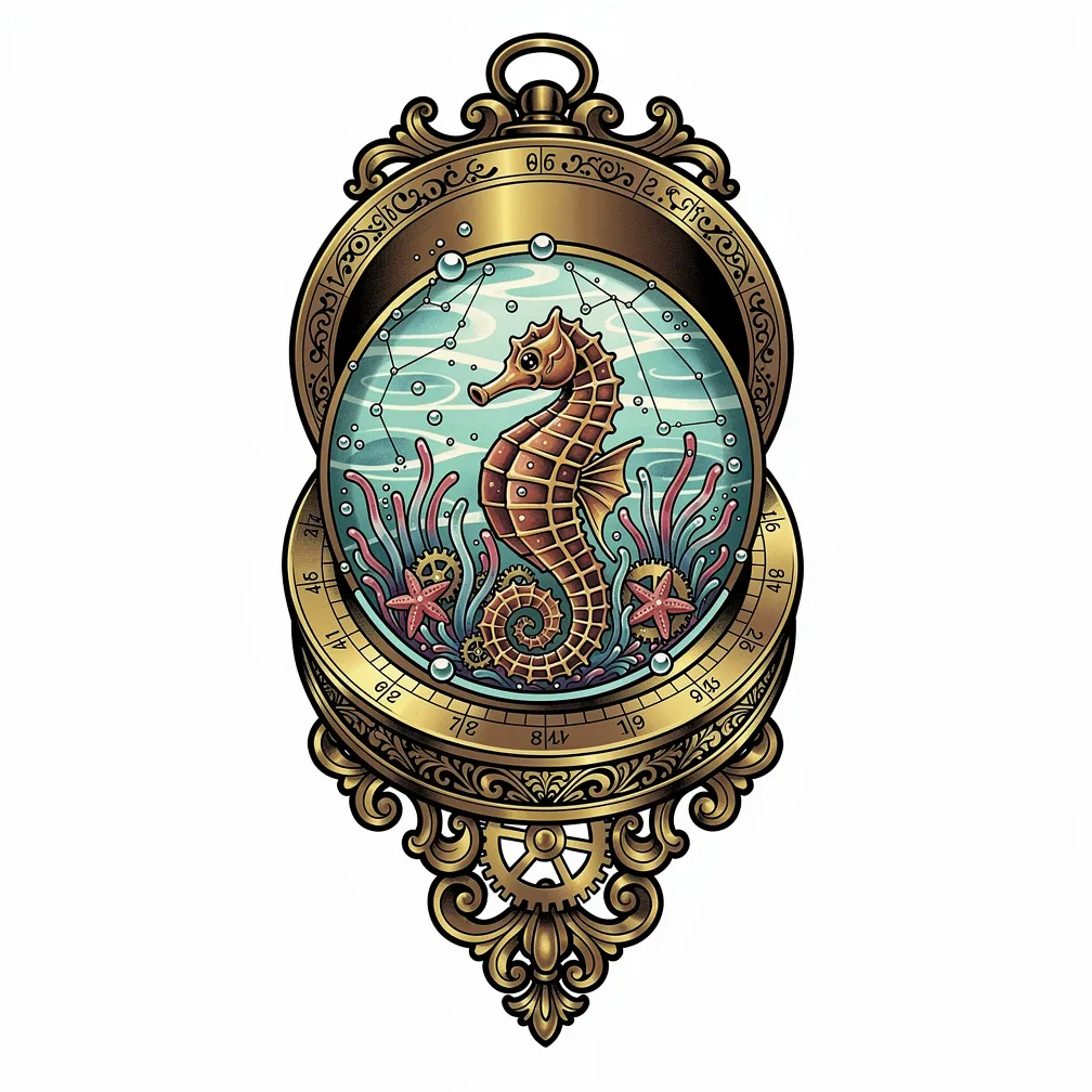 A neo-traditional pocket brass astrolabe whose engraved rings peel back to reveal a living tidal pool with tiny starfish, a curled seahorse, anemones among gears, and glinting constellation marks.