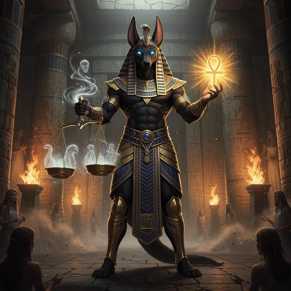 A blackwork Anubis holds the scales of judgment while an ankh glows in his other hand, rendered with bold shadows and high contrast.
