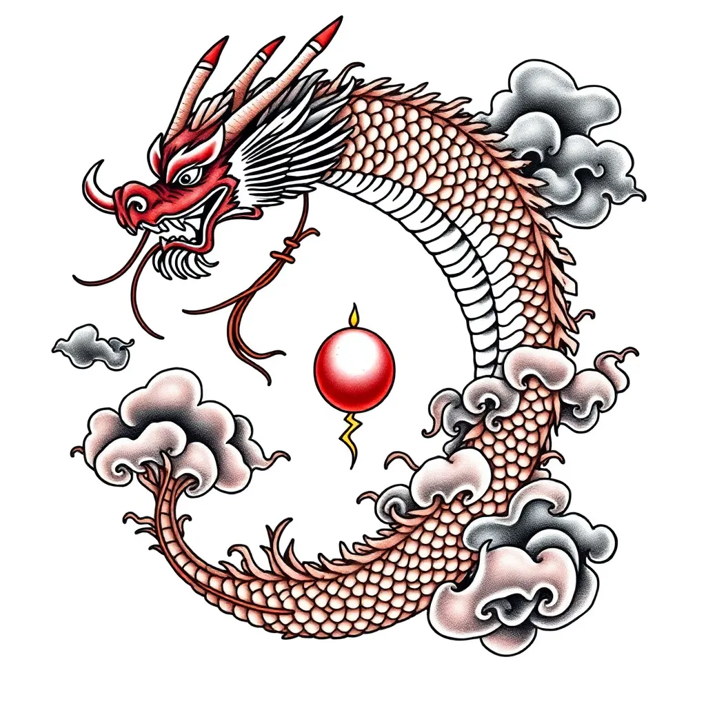 A Japanese-style Chinese dragon spiraling through clouds with long whiskers and claws gripping a flaming pearl, rendered in bold outlines and rich color