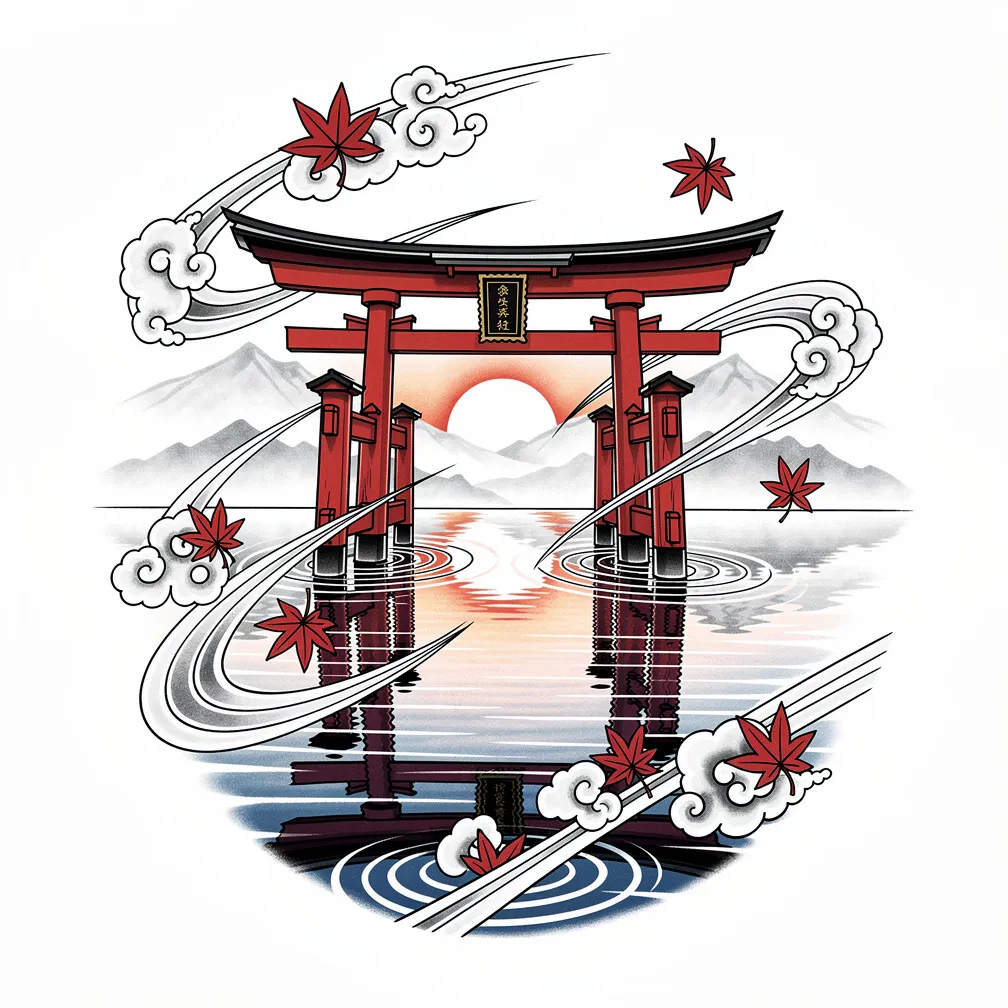 A Japanese-style torii gate rising from still water at sunset with distant mountains and falling maple leaves.
