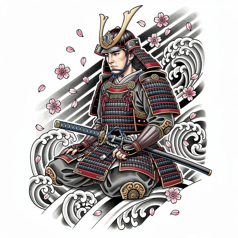 A Japanese irezumi-style samurai in full armor kneels in meditation with a katana across his lap as cherry blossoms fall.