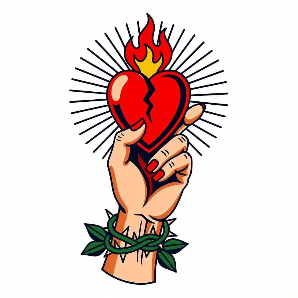 A traditional tattoo of a hand gripping a flaming sacred heart with radiant rays, with thorns wrapped around the wrist.