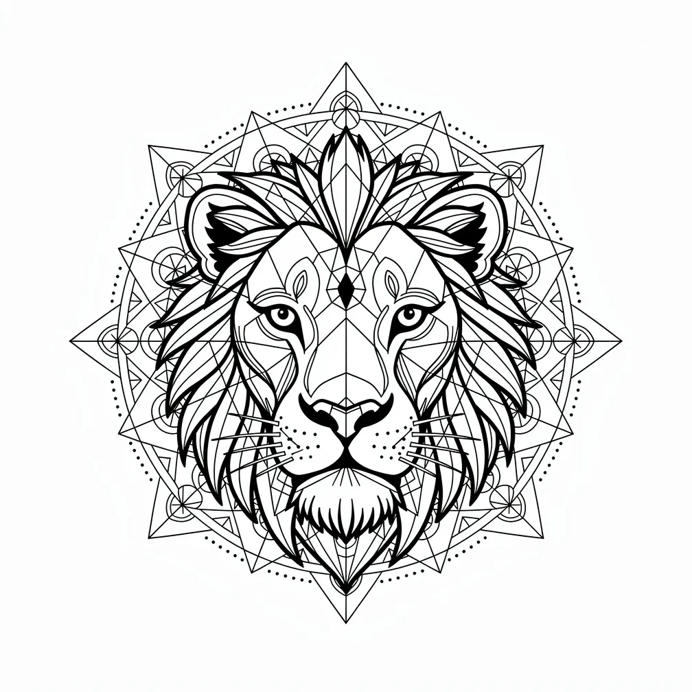 A geometric lion portrait with a flowing mane that dissolves into sacred geometry patterns in crisp black linework.