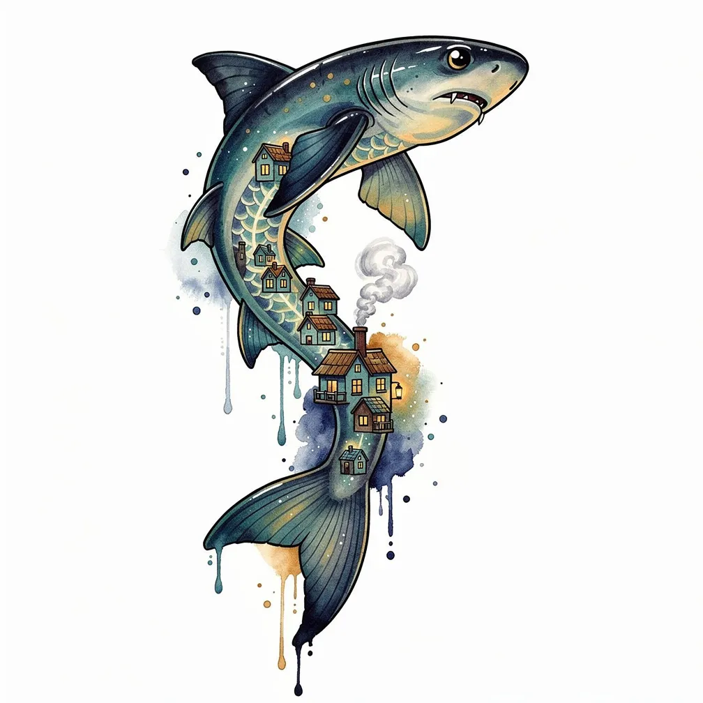 A watercolor lantern shark curled like a tranquil koi, its bioluminescent flank depicting a tiny nocturnal village with glowing rooftops, lamplights and chimney smoke along the spine.