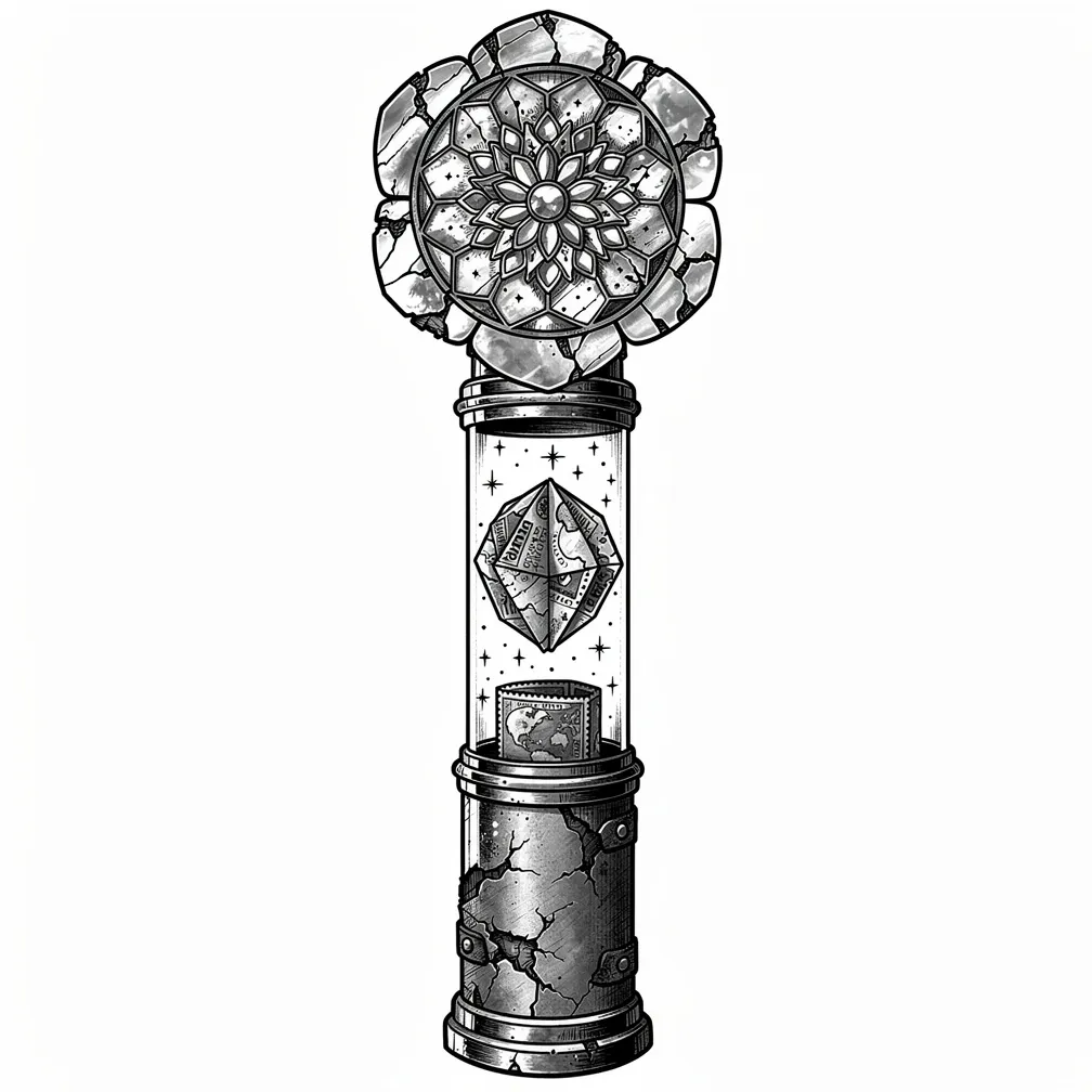 An illustrative vintage brass kaleidoscope with cracked leather grip, a rose-window lens, and a folded-paper planet collaged from faded stamps with tiny constellations.