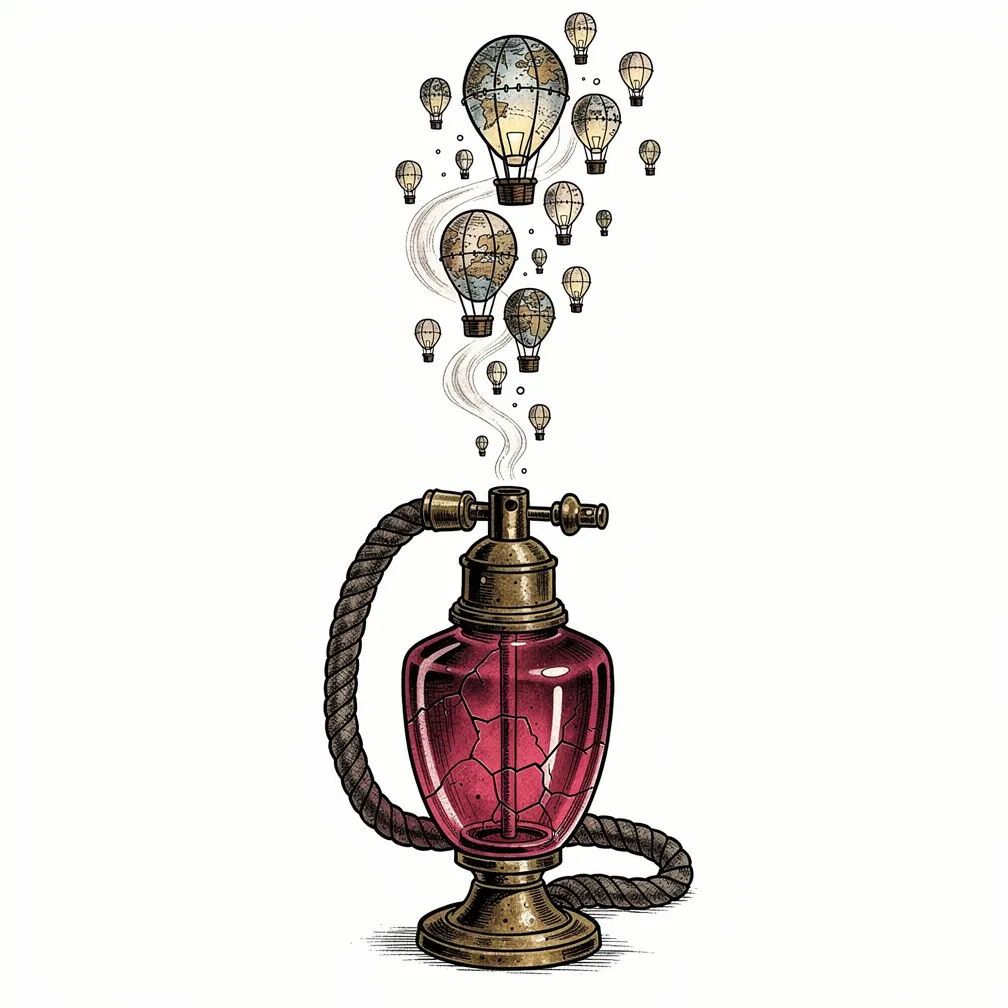 An illustrative antique perfume atomizer cracks open, releasing mist that forms tiny lamp-lit hot-air balloons with faded map patterns and stitched seams in a vertical композиtion.