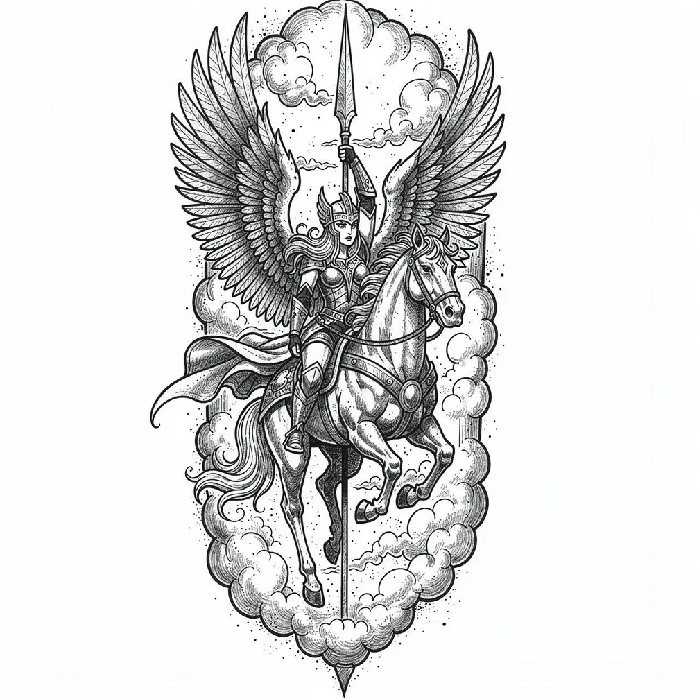 An illustrative Valkyrie on a rearing horse descends from storm clouds, spear raised, with large unfurled wings behind her.