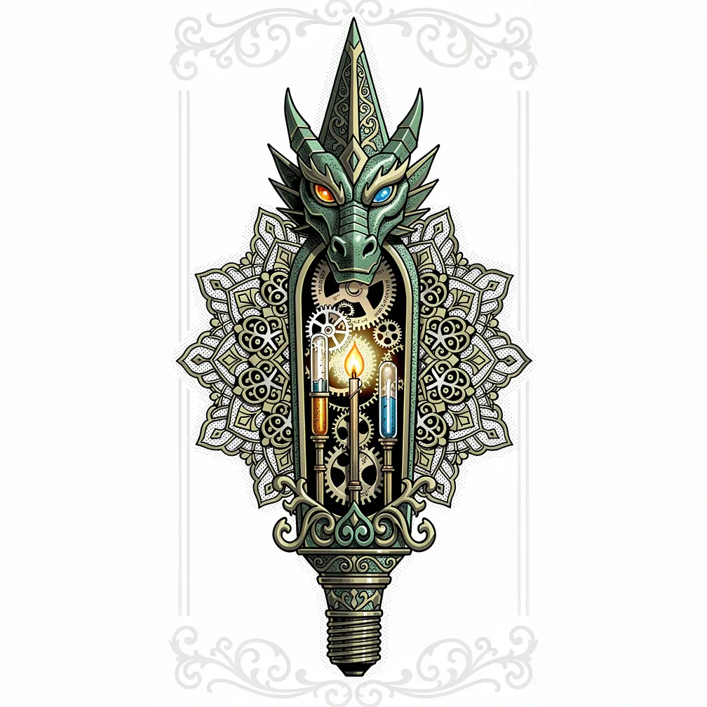 An ornamental antique lightning-rod finial splits open to reveal a lamp-lit mechanical dragon heart with cogs, mercury tubes, and a tiny flame core.