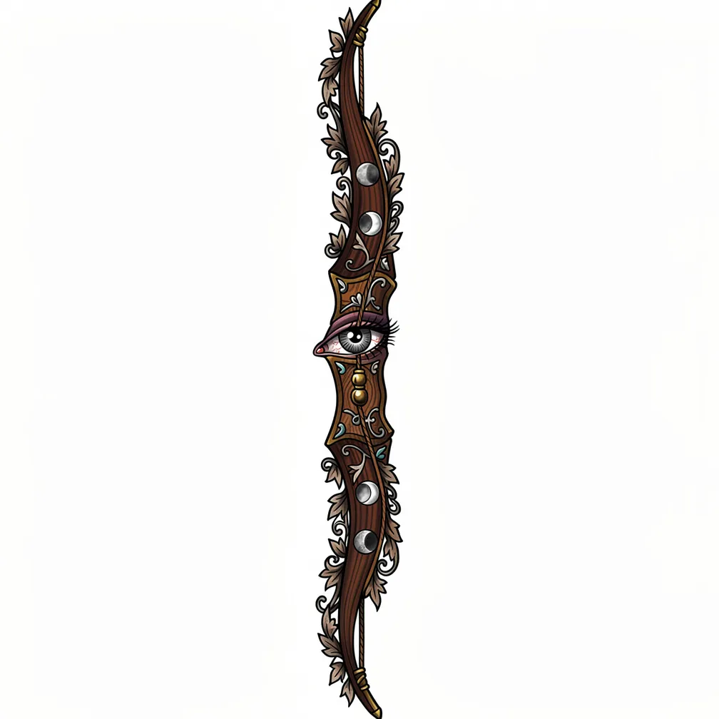 A neo-traditional recurve longbow in dark walnut with silver moon-phase inlays and filigree, braided hair string with a brass bead, and a realistic storm-grey eye set in the grip.