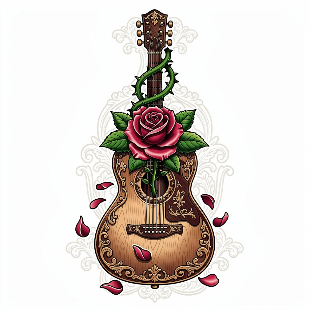 A neo-traditional acoustic guitar with roses growing from the sound hole, vines wrapping the neck and falling petals like musical notes in vibrant color