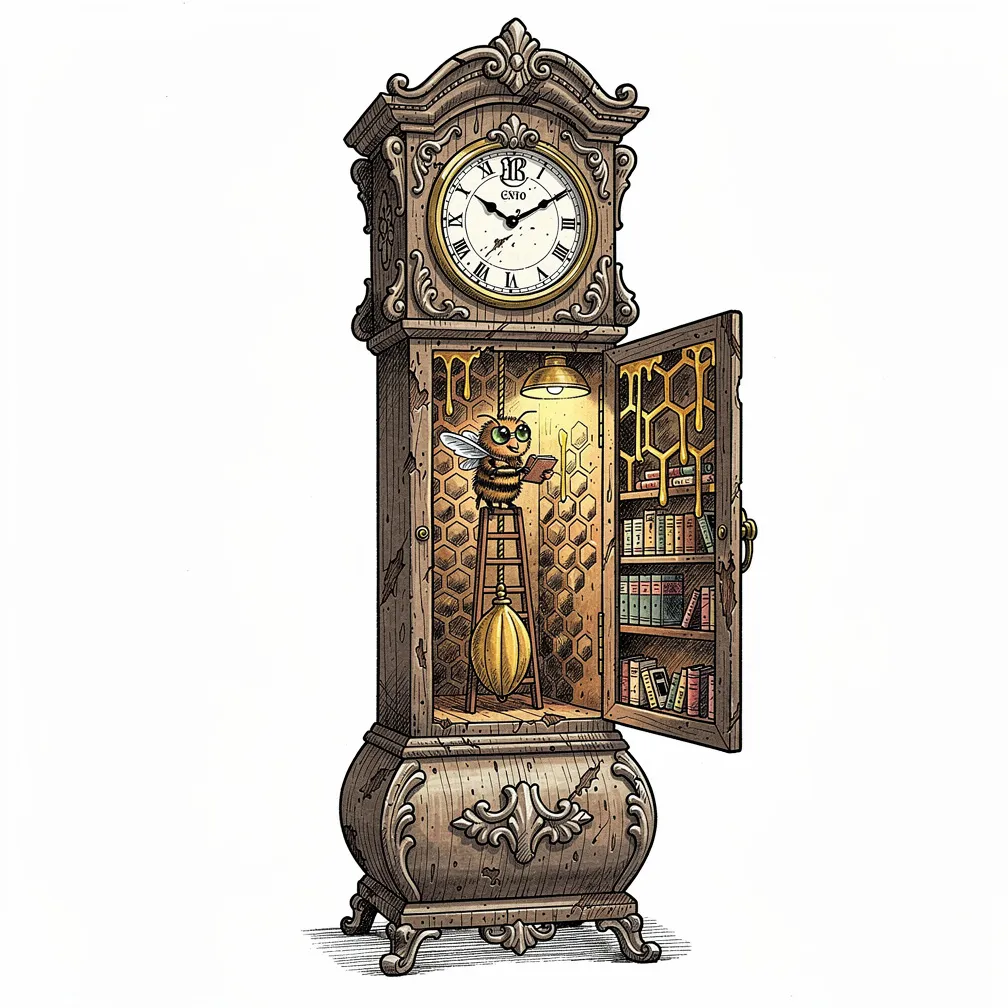 An illustrative weathered grandfather clock with an ajar door revealing a lamp-lit honeycomb beehive library, golden drips, and a bee librarian with pince-nez.