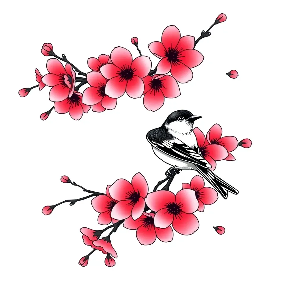 A Japanese-style cherry blossom branch with wind-blown petals and a small sparrow perched among the flowers, ink outlines with soft pink accents.