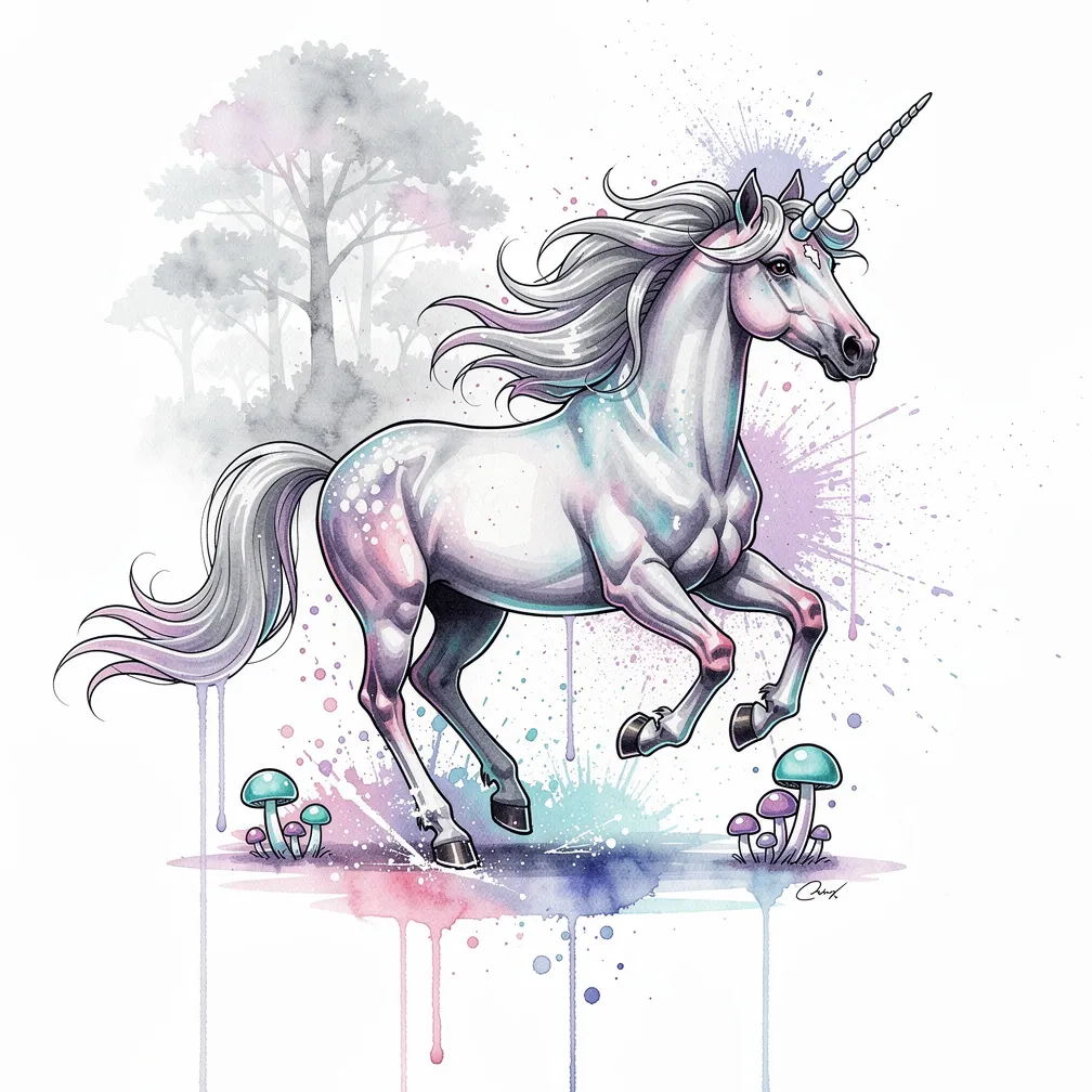 A watercolor unicorn gallops through an enchanted forest with a liquid-silver flowing mane and glowing mushrooms beneath its hooves.