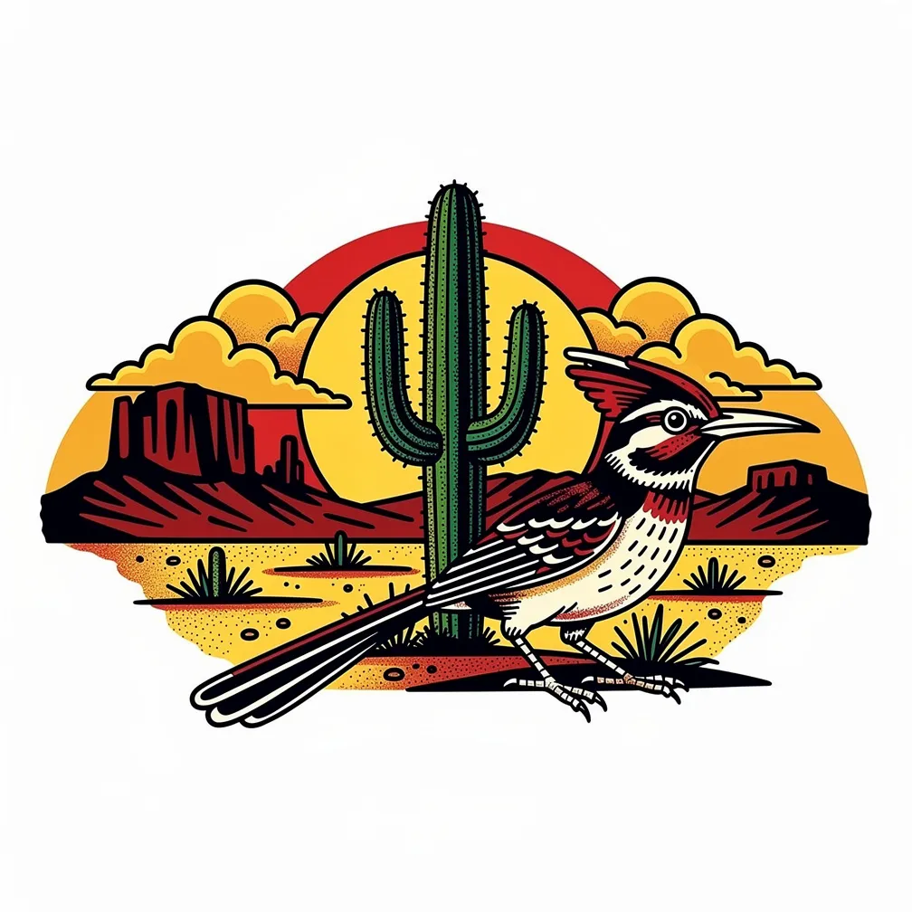 Traditional-style desert landscape at golden hour with towering saguaro cacti, a roadrunner in the foreground, and distant mesas silhouetted against an orange-pink sunset.
