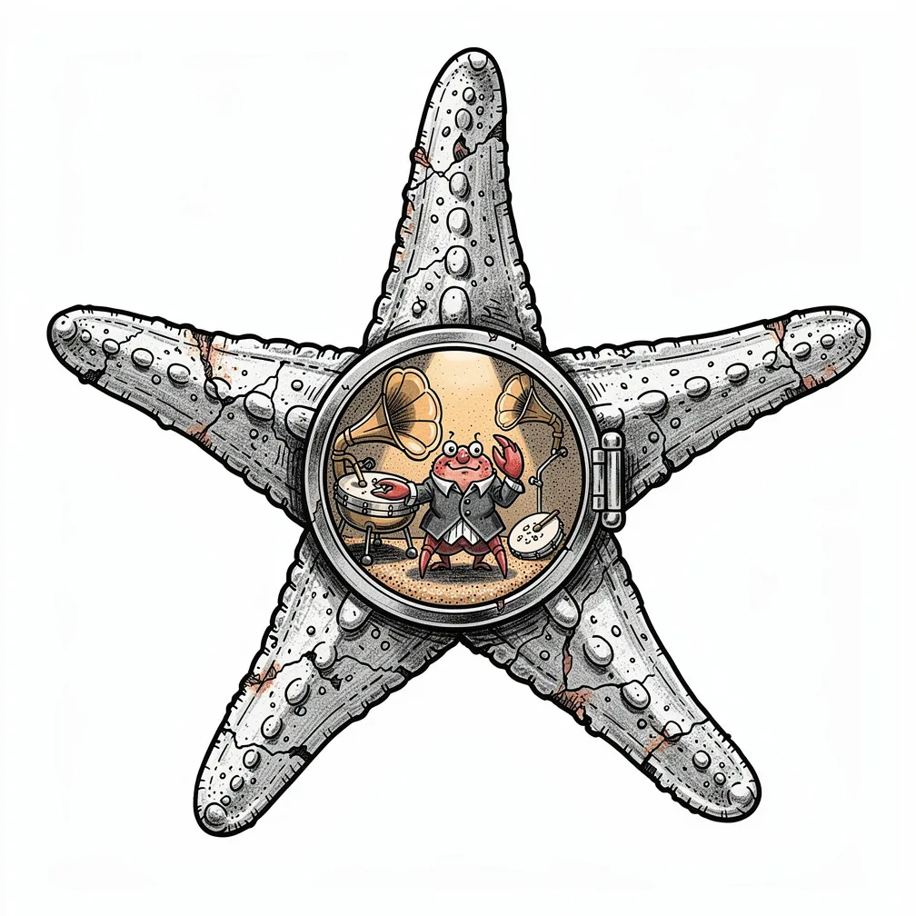 An illustrative salt-bleached starfish opens like a locket to reveal a lamp-lit shell orchestra with crab musicians, gramophone-conch horns, and a sand-dollar drum.