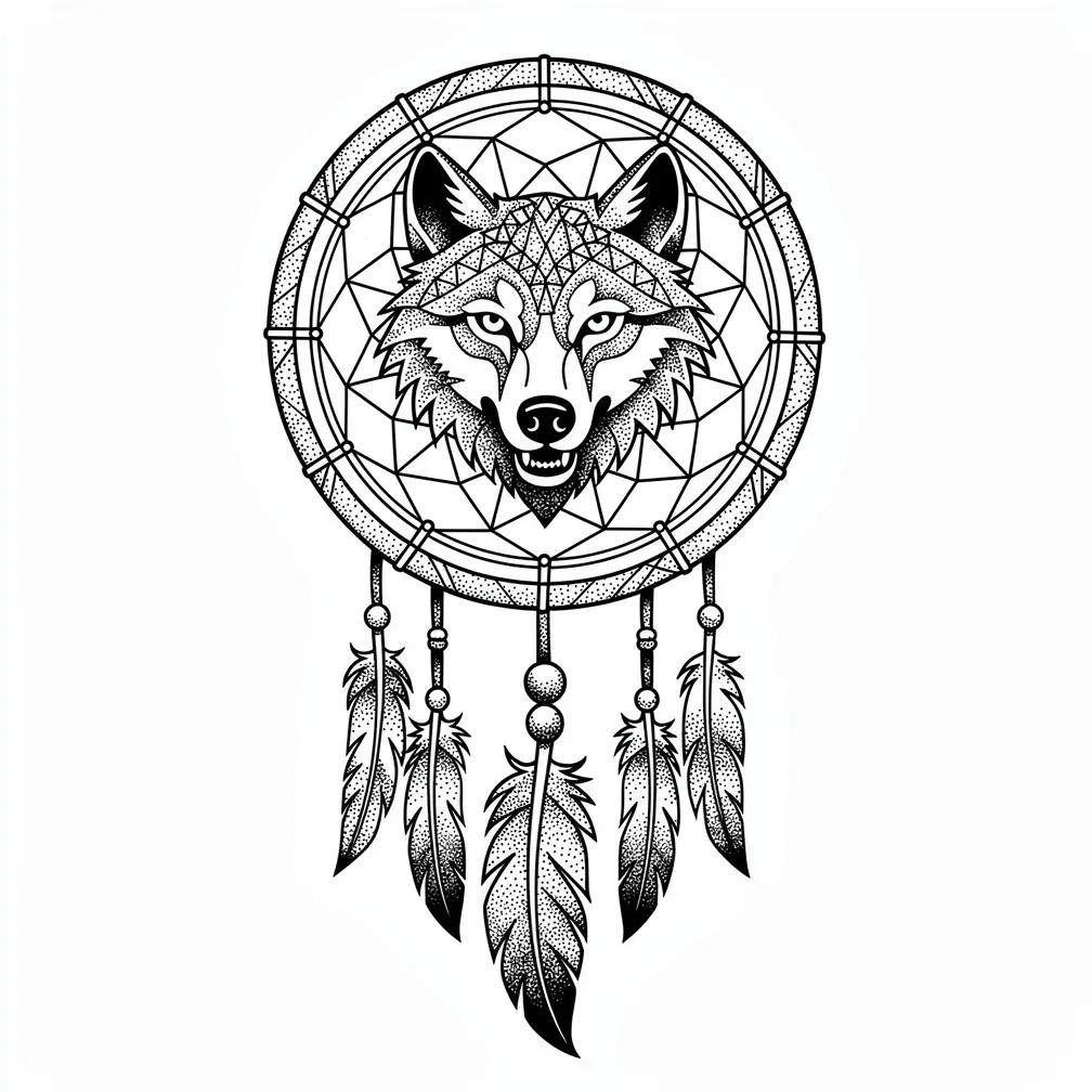 A dotwork dreamcatcher featuring a wolf silhouette woven into the web, with feathers and beads hanging from leather cords.