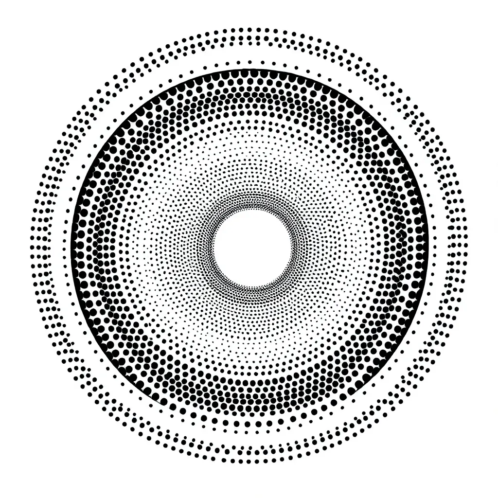 Concentric circles made of diminishing dotwork creating a three-dimensional tunnel/optical vortex with precise geometric spacing