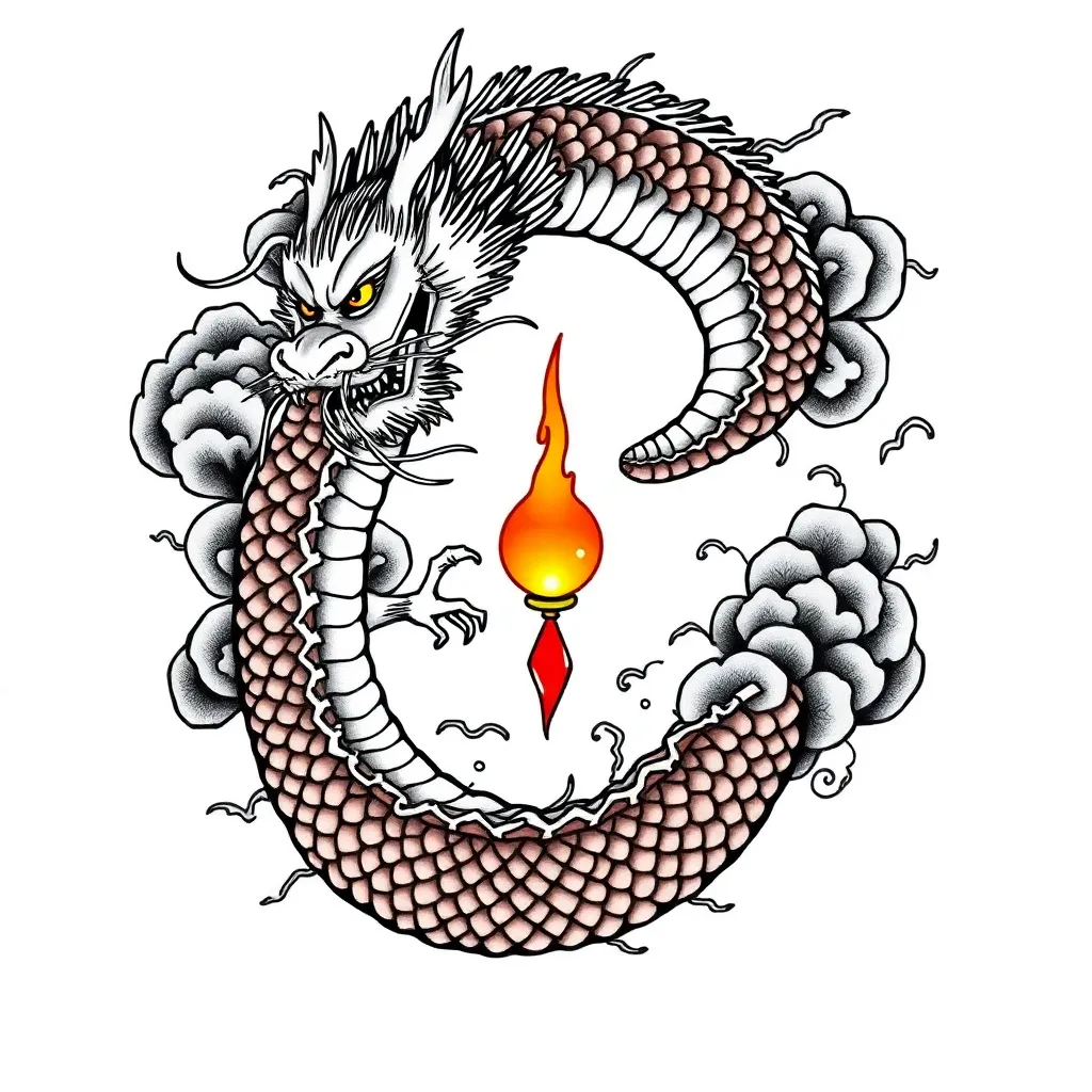 A Japanese-style Chinese dragon spiraling through clouds with long whiskers and claws gripping a flaming pearl, rendered in bold traditional colors.