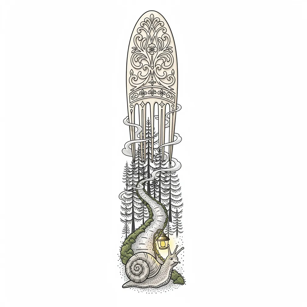 A fine-line carved bone hair-comb whose teeth morph into a miniature pine forest, with a moonlit moss path and a lantern-snail amid curling mist.