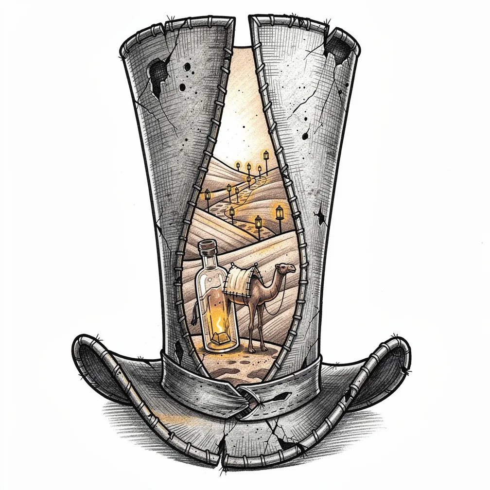 Ilustrativní ošuntělý cilindr rozříznutý v korunce, odhalující drobnou pouštní karavanu osvětlenou lampou se skleněnými lahvovými velbloudy, dunami připomínajícími přeloženou mapu a lucernou na tyči u