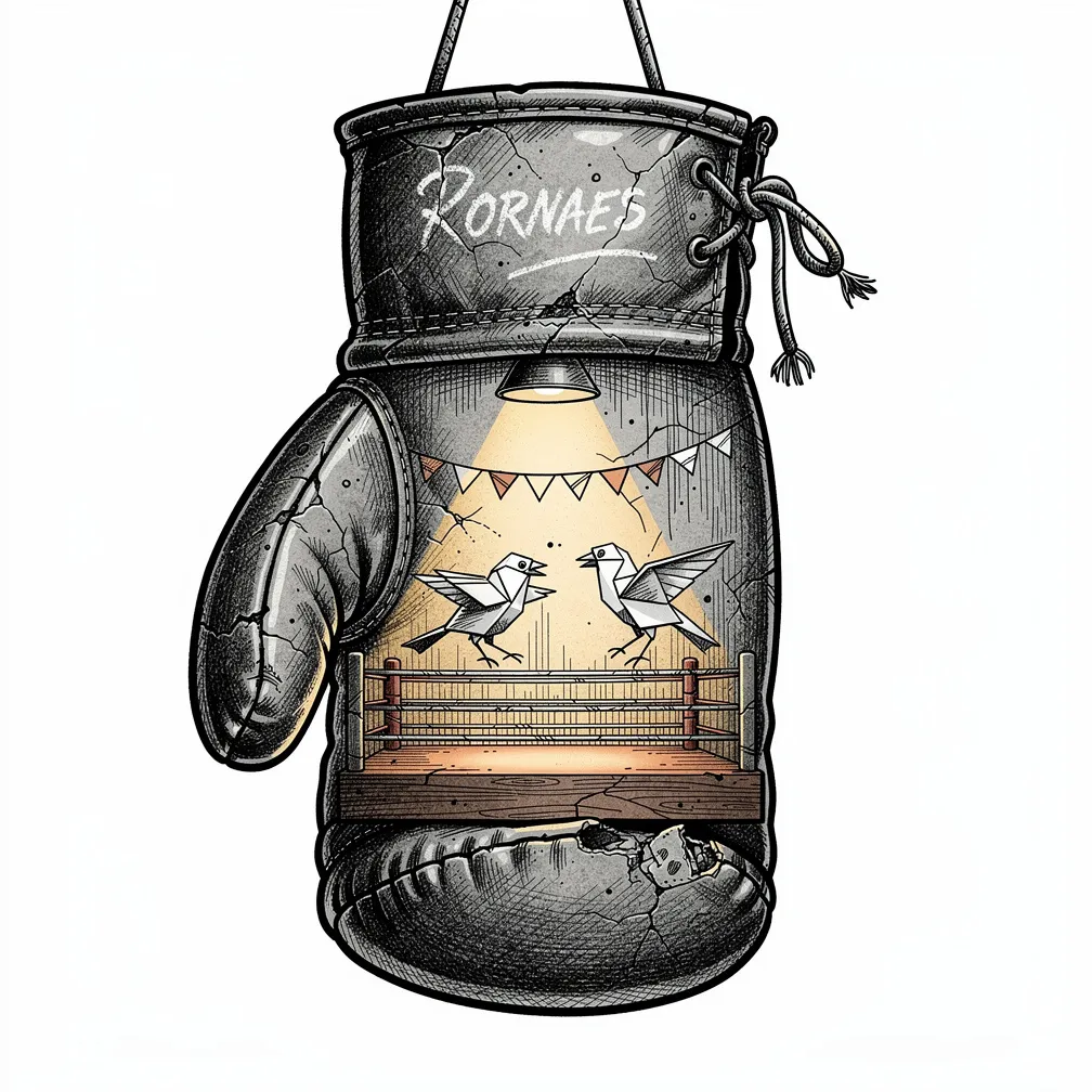 An illustrative weathered boxing glove split open to reveal a lamp-lit tiny wooden ring where two origami sparrows spar beneath paper bunting.