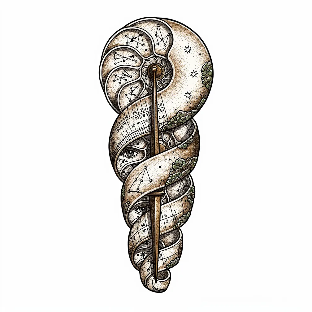 A dotwork fossil nautilus pocket sundial with etched hour marks, tiny constellations in each chamber, and a slender bronze gnomon rising from the spiral center.