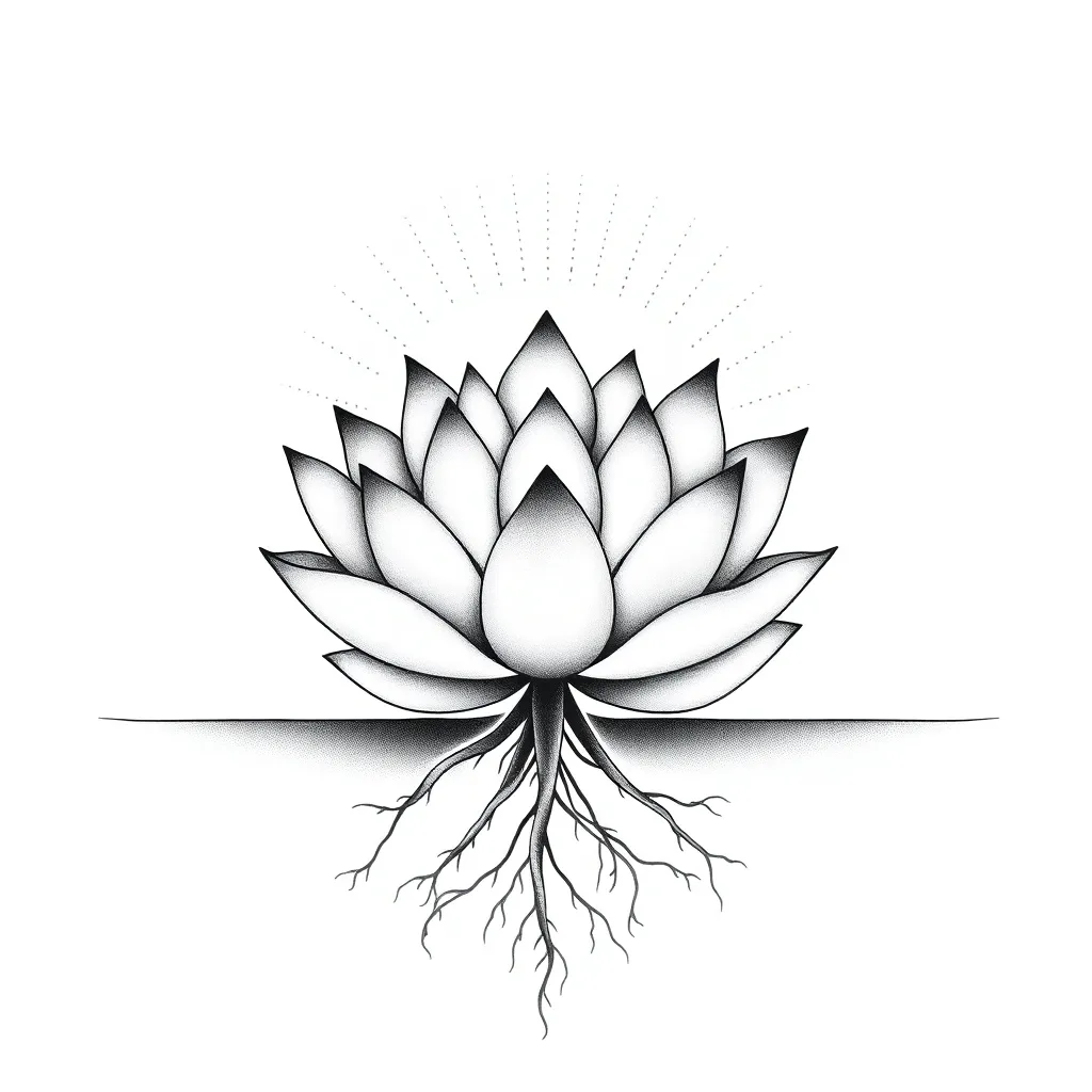 A dotwork lotus flower rising from dark water with visible roots beneath the surface and radiating enlightenment rays above.