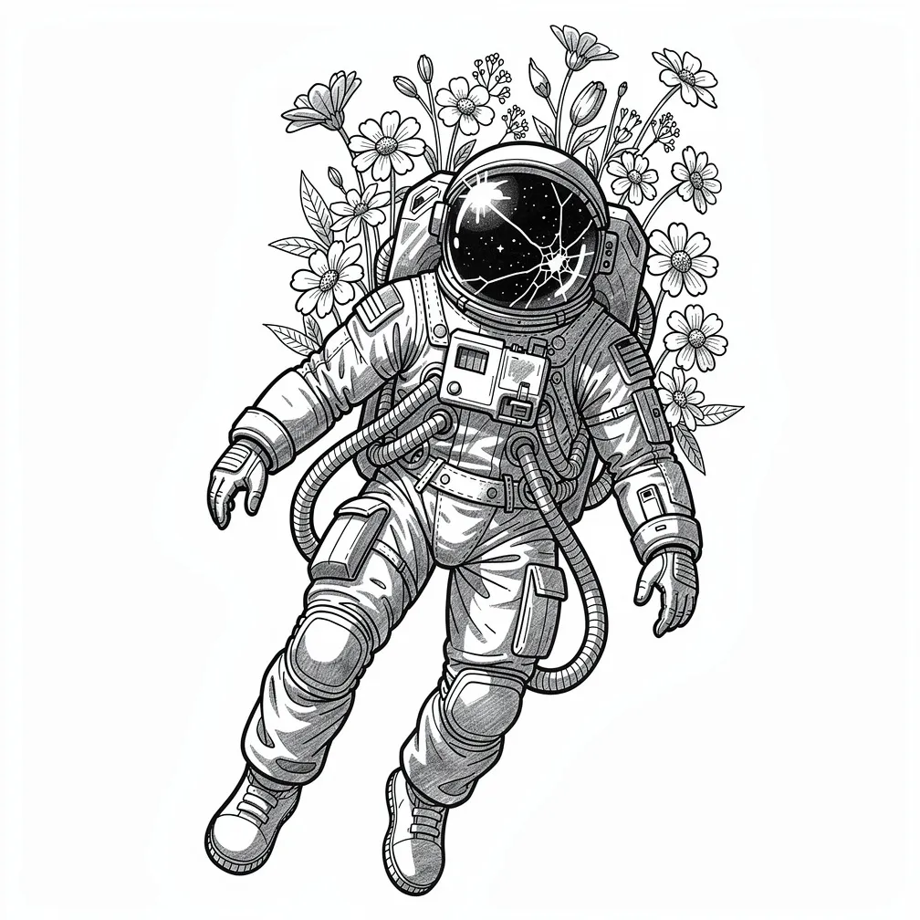 An illustrative astronaut floating in space, with wildflowers blooming from cracks in the helmet visor and stars reflected in the glass.