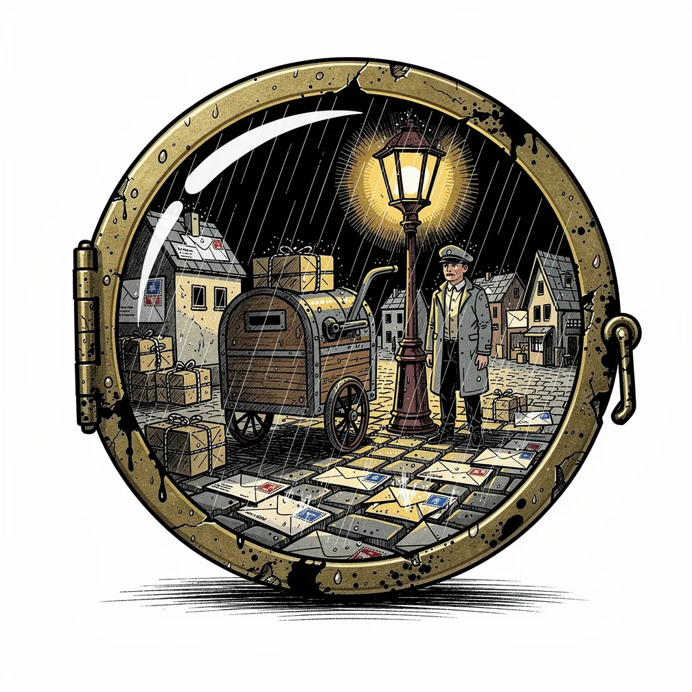 Tatuaje ilustrativo de una antigua tecla redonda de máquina de escribir, de vidrio negro, agrietada para revelar una diminuta aldea postal de lluvia brillante con calles empedradas en forma de sobres,