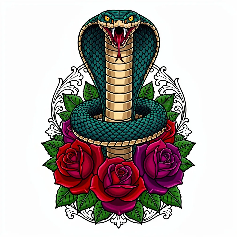 A neo-traditional coiled king cobra with detailed scales rises from a bed of roses, fangs bared and venom dripping.