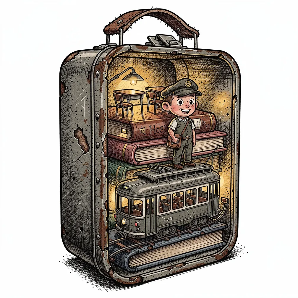 Ilustrativní promáčknutá školní krabička na oběd otevřená do malé tramvaje osvětlené lampou, která se vine mezi naskládanými školními učebnicemi a lavicemi, zatímco průvodčí v podobě papírového chlapí