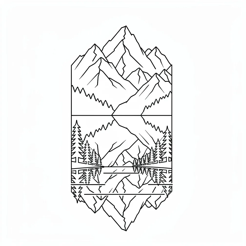 A minimalist linework mountain range reflected in a still alpine lake, framed by simple evergreen silhouettes.