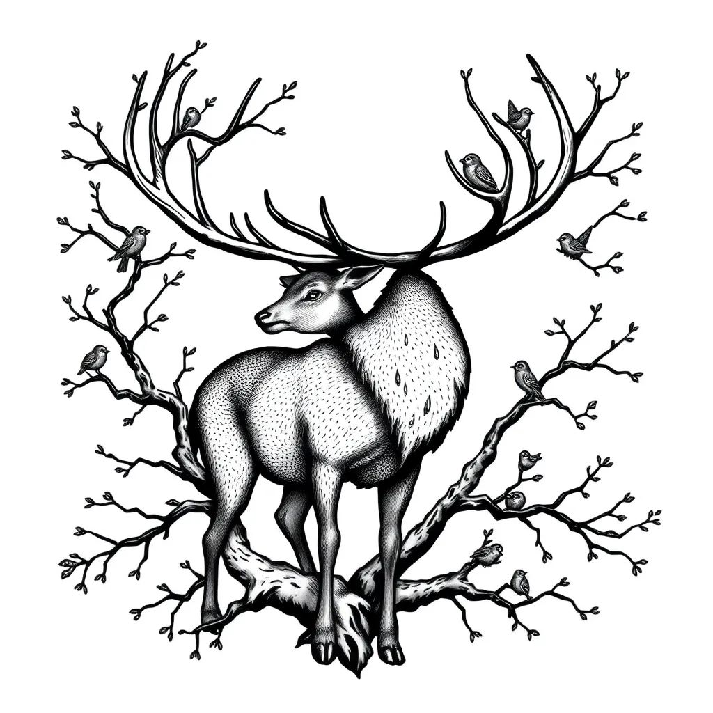A blackwork majestic stag whose antlers transform into intertwining tree branches with small birds nesting among them