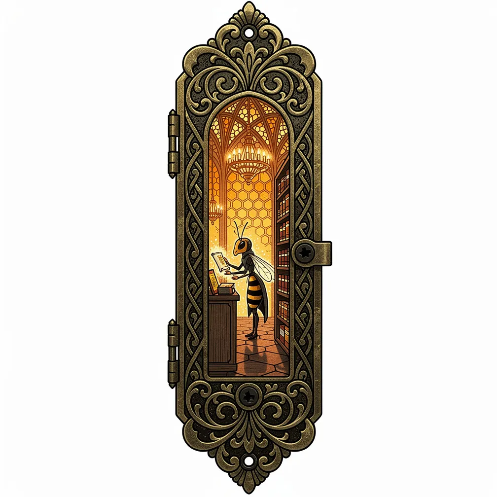 An ornamental antique keyhole plate peeling open to reveal a lamp-lit bee cathedral with honeycomb stained-glass arches, amber chandeliers, and a lone bee shelving pollen scrolls.