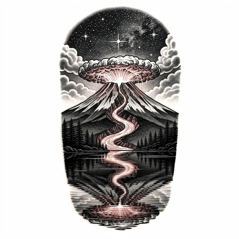 A realism tattoo of a snow-capped volcano erupting under a starry sky, with glowing lava pouring down into a still forest lake.