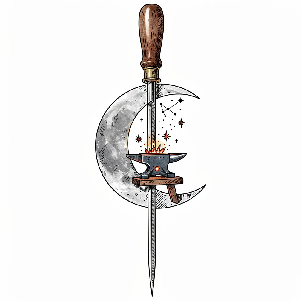 An illustrative cobbler’s awl pierces a frosted glass crescent moon containing a tiny anvil and star-fragment forge, with ember sparks drifting like constellations.