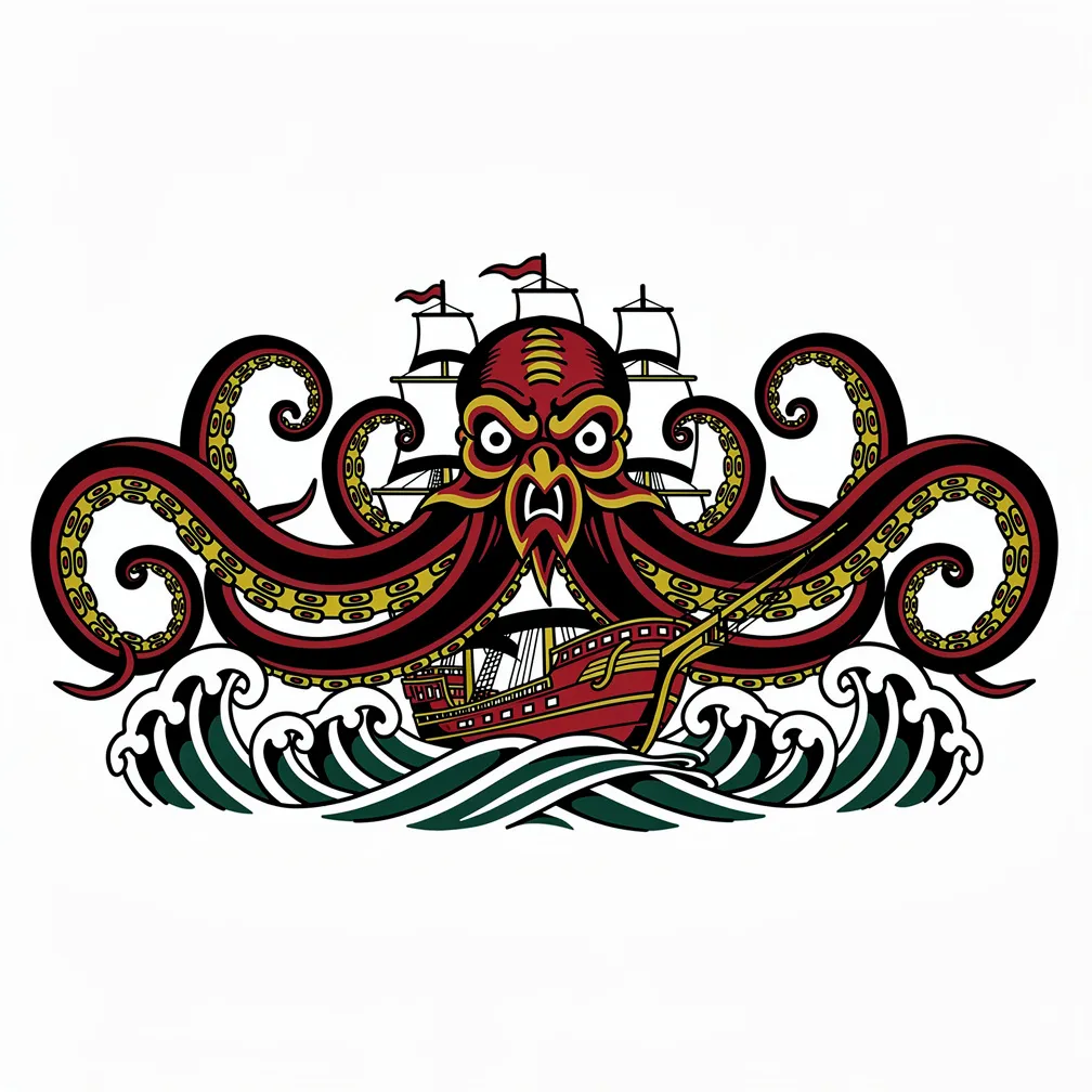 Eine Krake im traditionellen Stil bricht aus tosenden Wellen hervor und zerdrückt mit riesigen Tentakeln ein Dreimast-Segelschiff, mit kräftigen Konturen und klassischer Farbgebung.